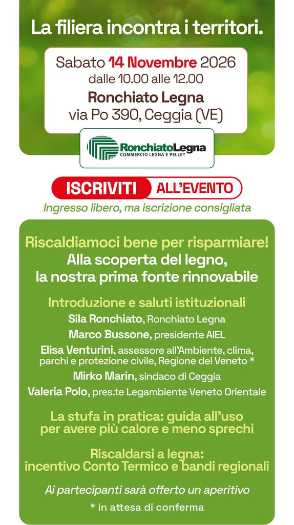 Evento AIEL sul riscaldamento a legna a Ceggia presso Ronchiato Legna il 14 novembre 2026